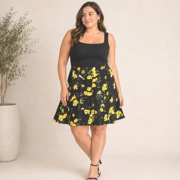 Who What Wear Dresses & Skirts - Who What Wear Black Yellow Floral Mini Skirt Sz 14 Ruffle Hem Cottagecore Spring